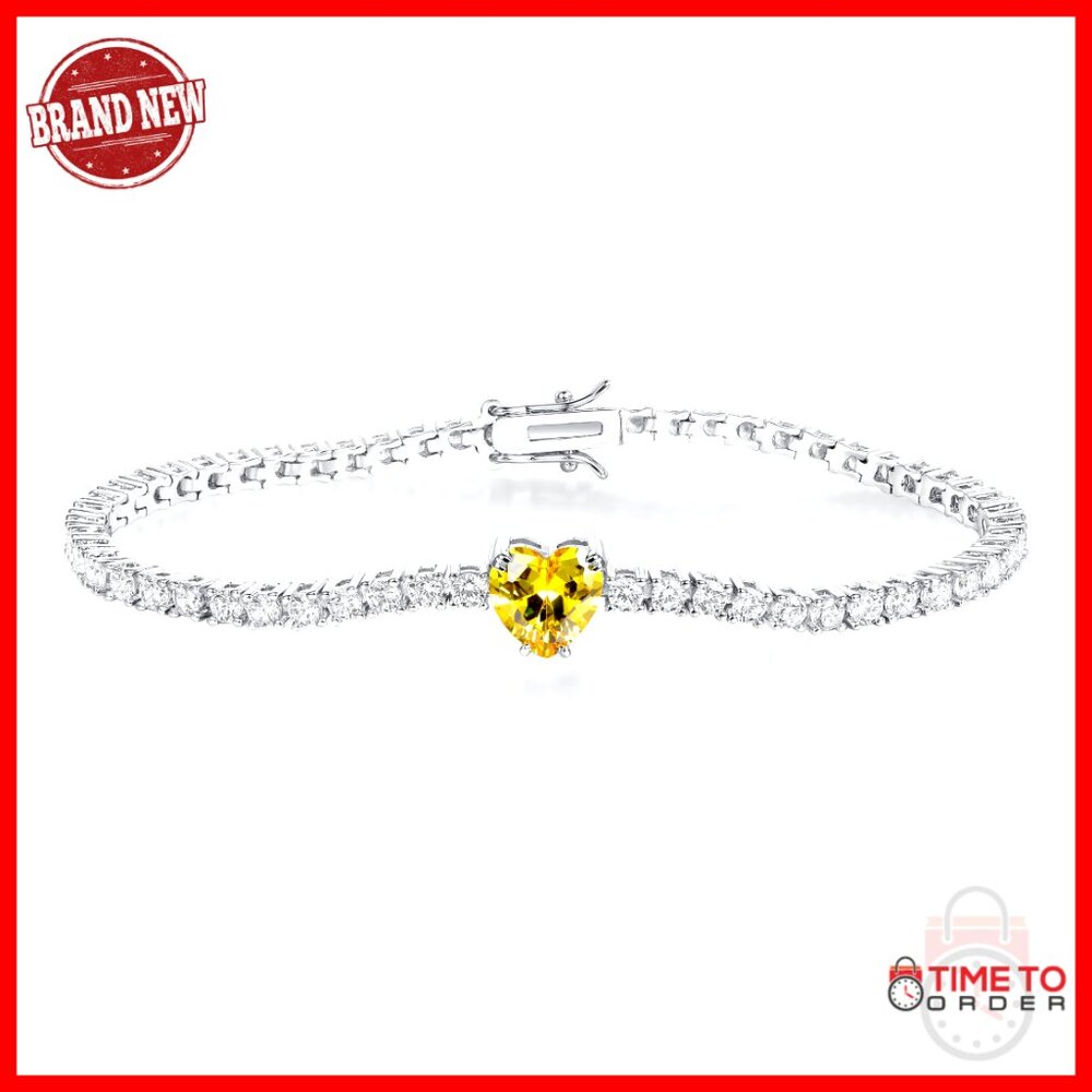 White Gold Tennis Bracelet Elegant Heart Birthstone Cubic Zirconia Classic